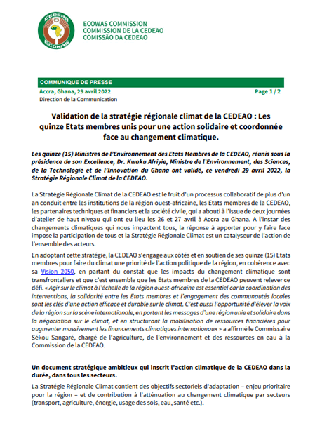 Communiqué de presse : Validation Stratégie régionale climat CEDEAO