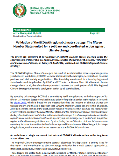 Press release : Validation Regional Climate Strategy ECOWAS